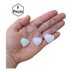 Kit 3 Chaveiros Coração Pedra Natural Quartzo Branco Leitoso